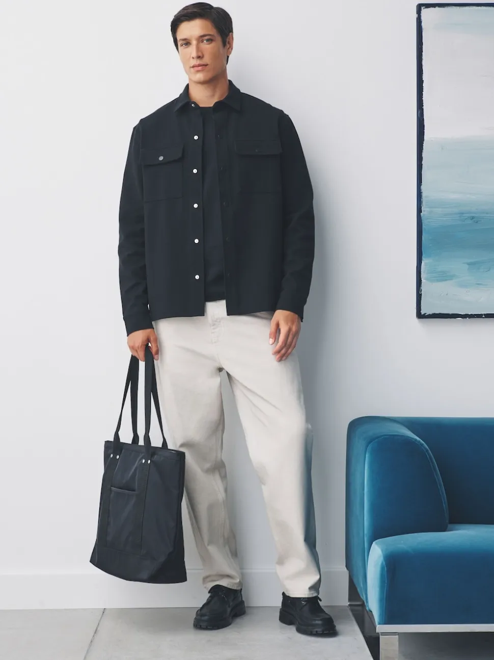Black Jersey Twill Popper Shacket