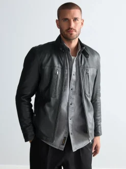 Black Leather Signature Utility Borg Lined Jacket