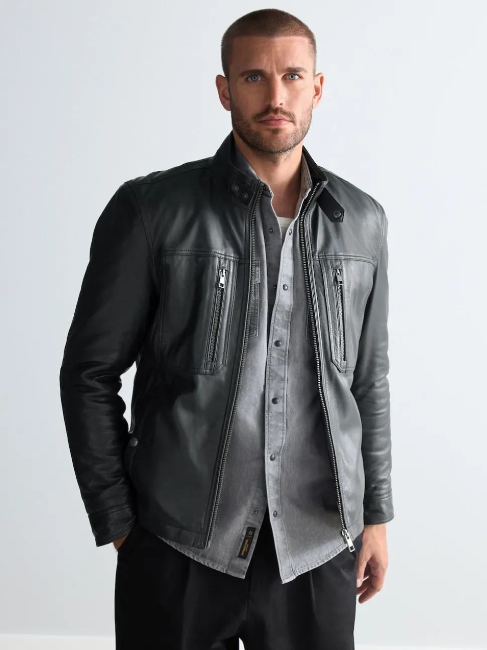 Black Leather Signature Utility Borg Lined Jacket