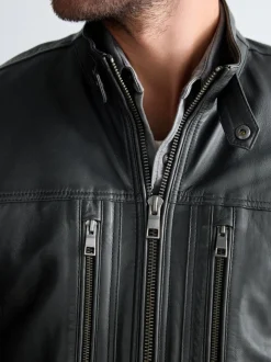 Black Leather Signature Utility Borg Lined Jacket