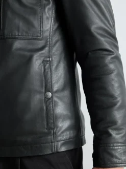 Black Leather Signature Utility Borg Lined Jacket