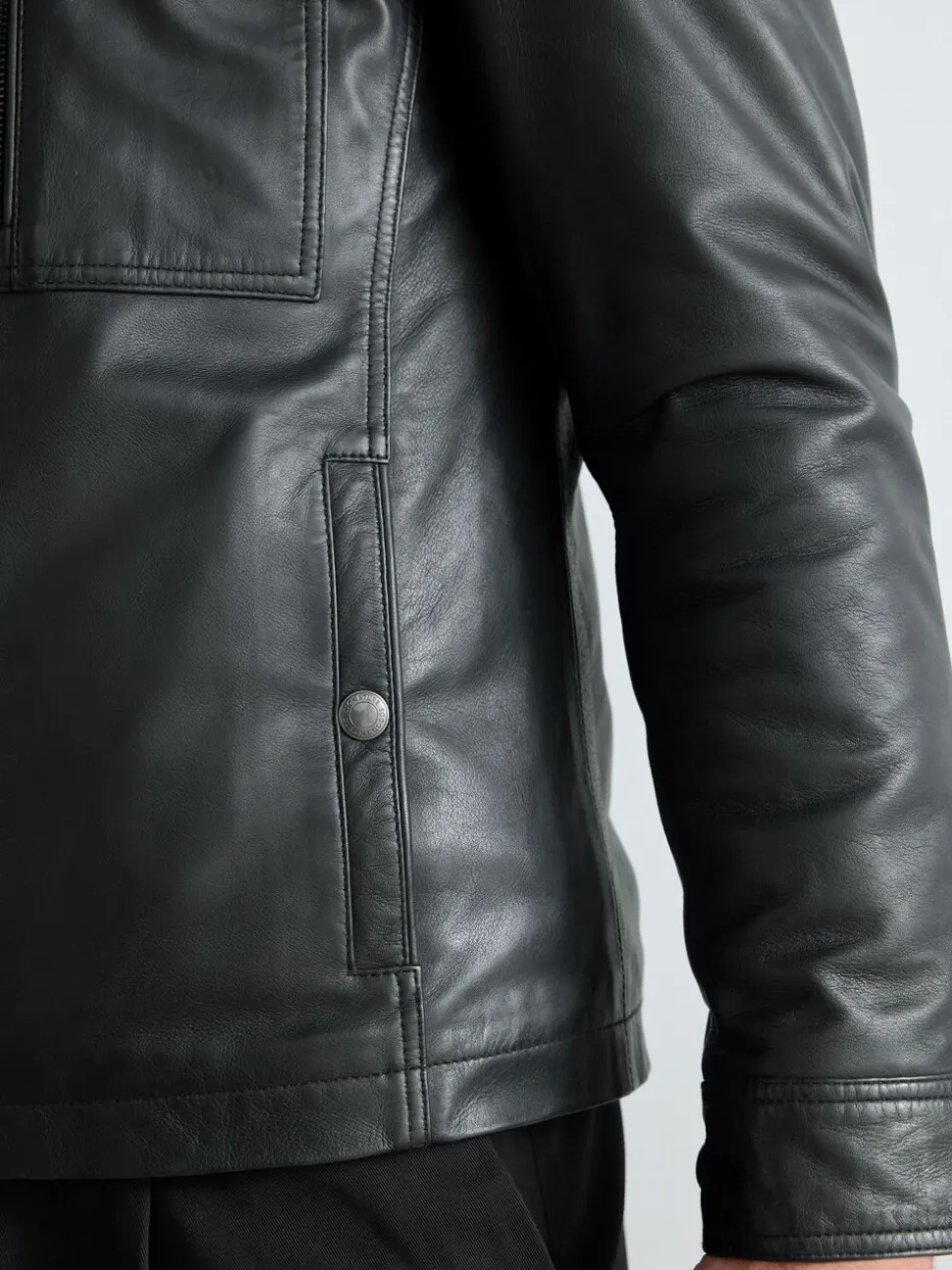 Black Leather Signature Utility Borg Lined Jacket
