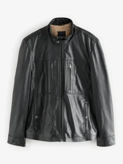 Black Leather Signature Utility Borg Lined Jacket