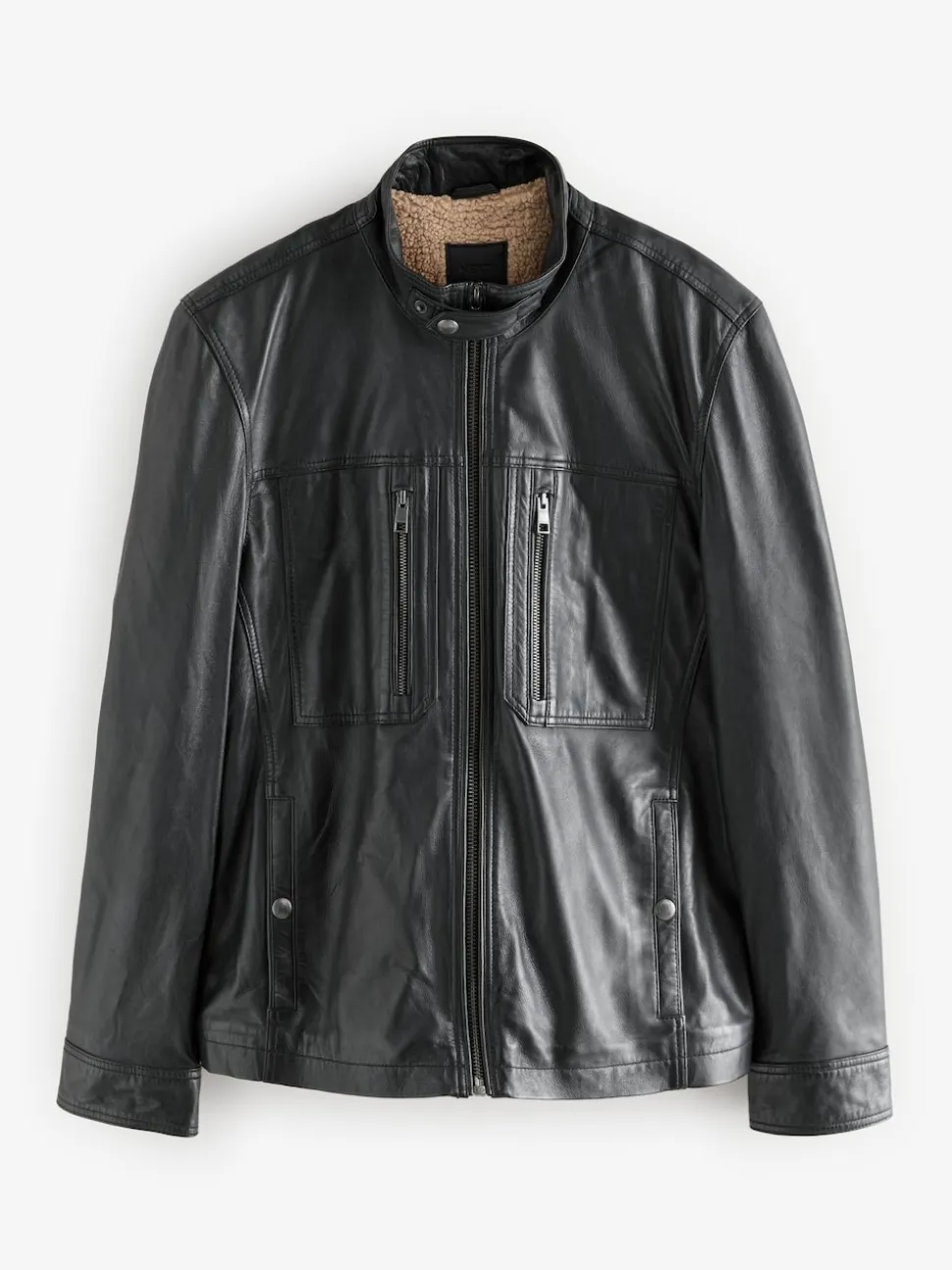 Black Leather Signature Utility Borg Lined Jacket