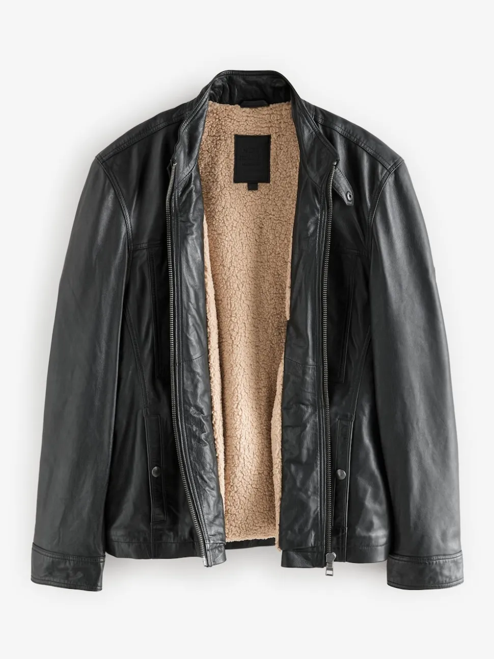Black Leather Signature Utility Borg Lined Jacket