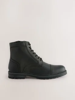 Black Leather Toe Cap Zip Up Boots