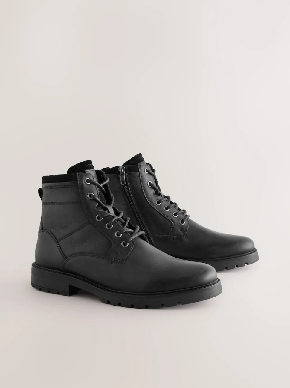 Black Leather Zip-Up Borg Lined Boots