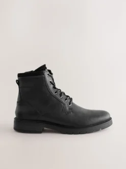 Black Leather Zip-Up Borg Lined Boots