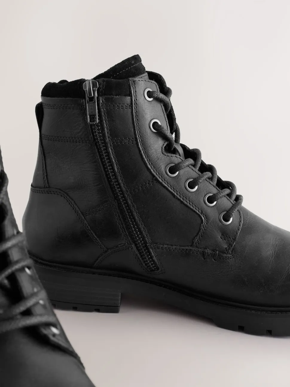Black Leather Zip-Up Borg Lined Boots
