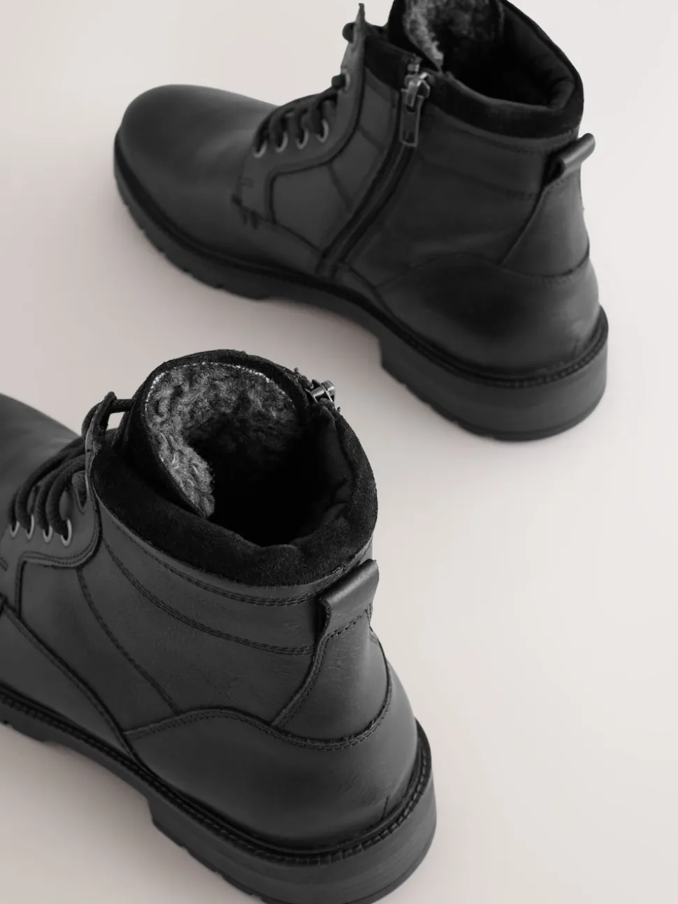 Black Leather Zip-Up Borg Lined Boots