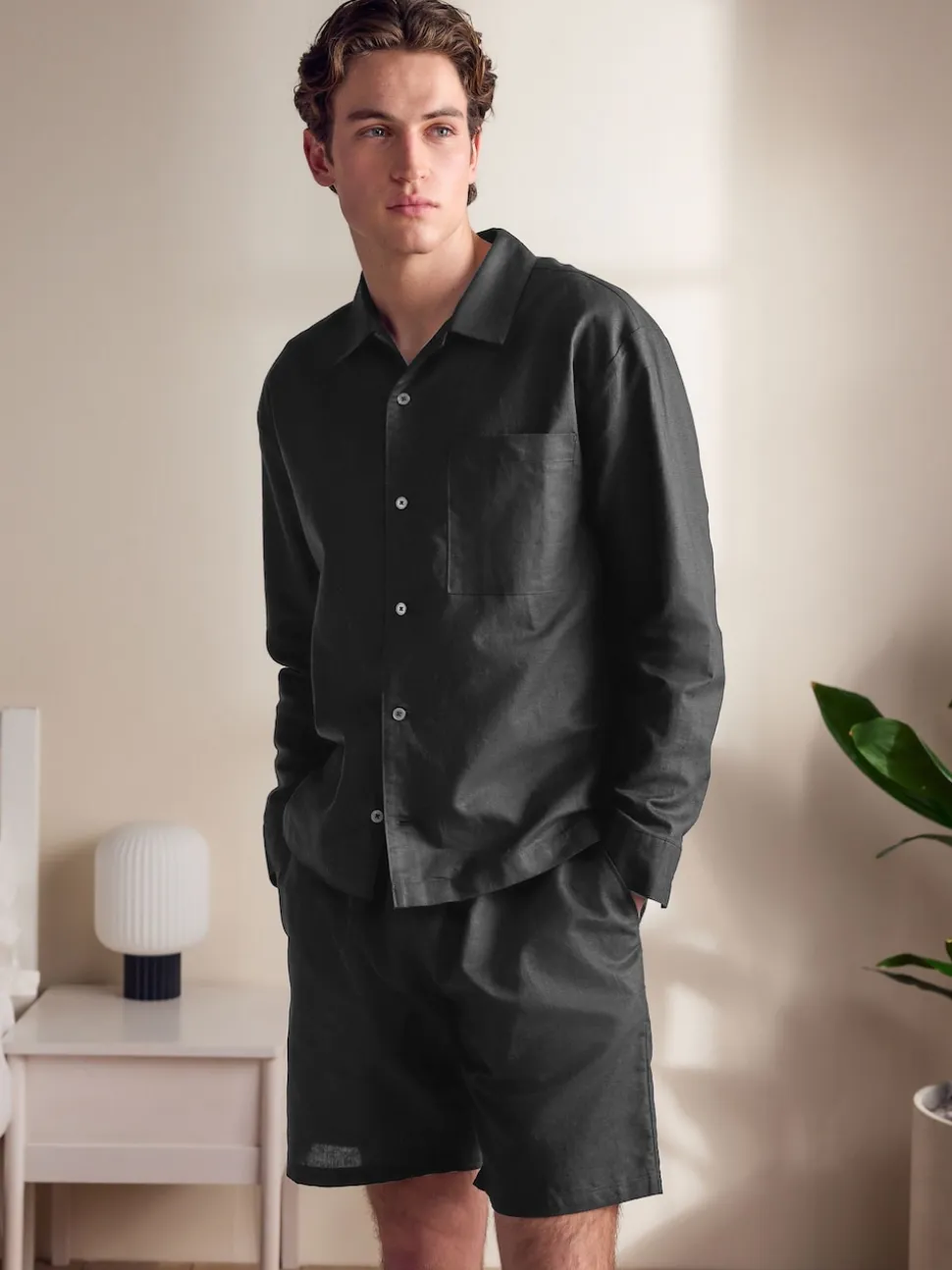 Black Linen Cotton Blend Shirt and Shorts Set