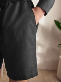 Black Linen Cotton Blend Shirt and Shorts Set