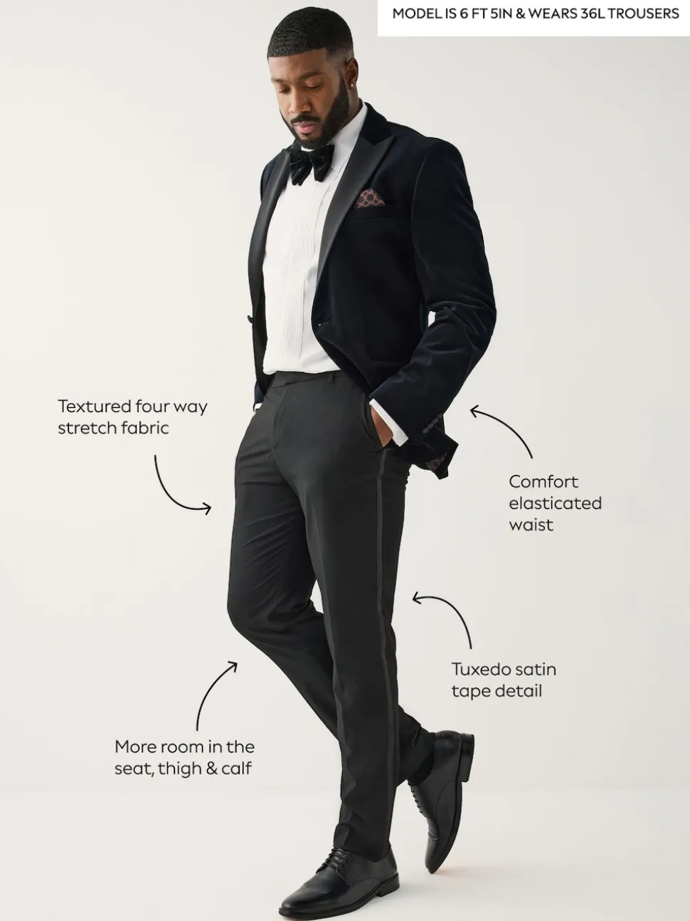 Black Muscle Fit Motionflex Textured Tuxedo Trousers With Side Tape