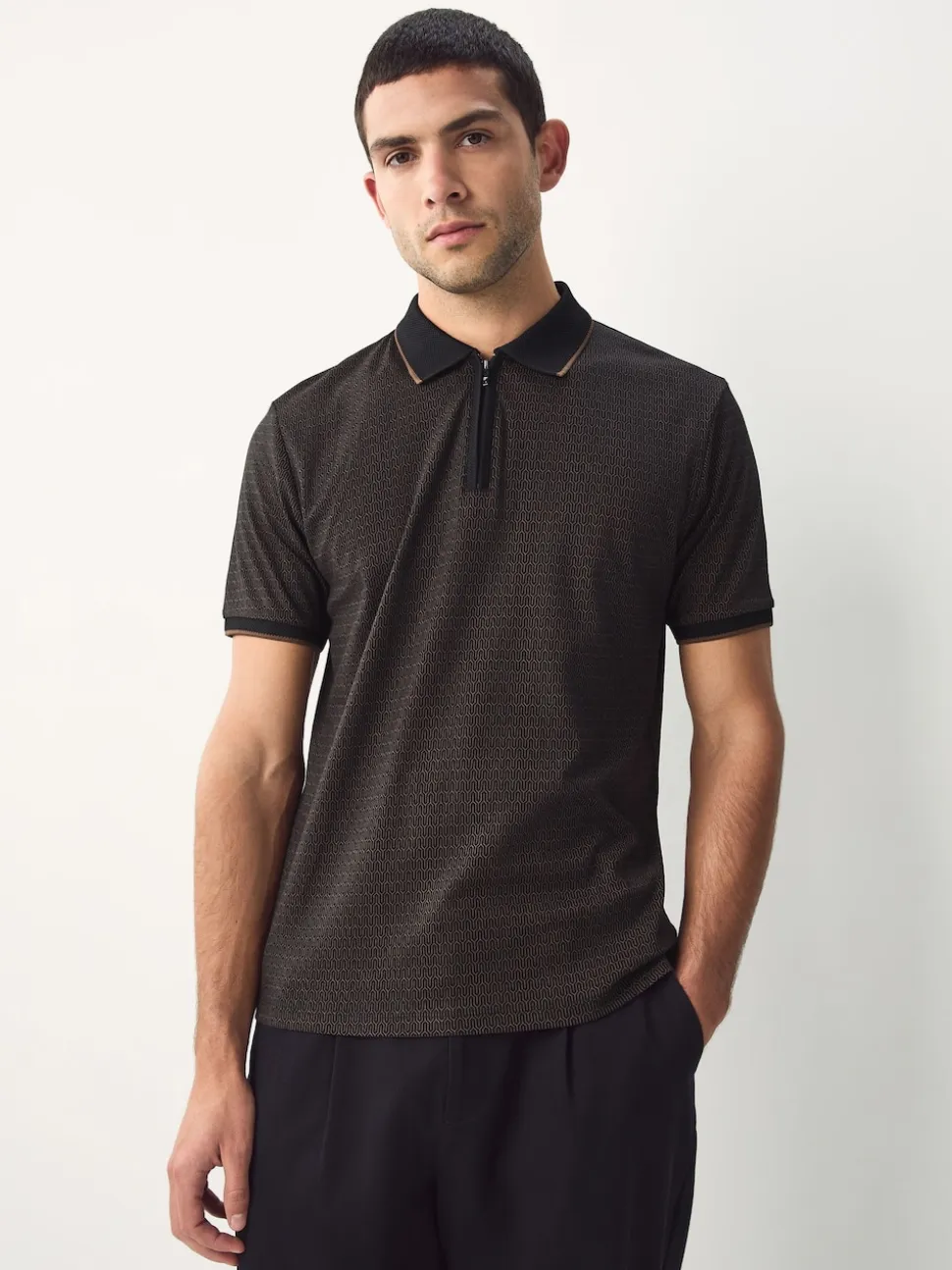 Black Pattern Quarter Zip Polo Shirt
