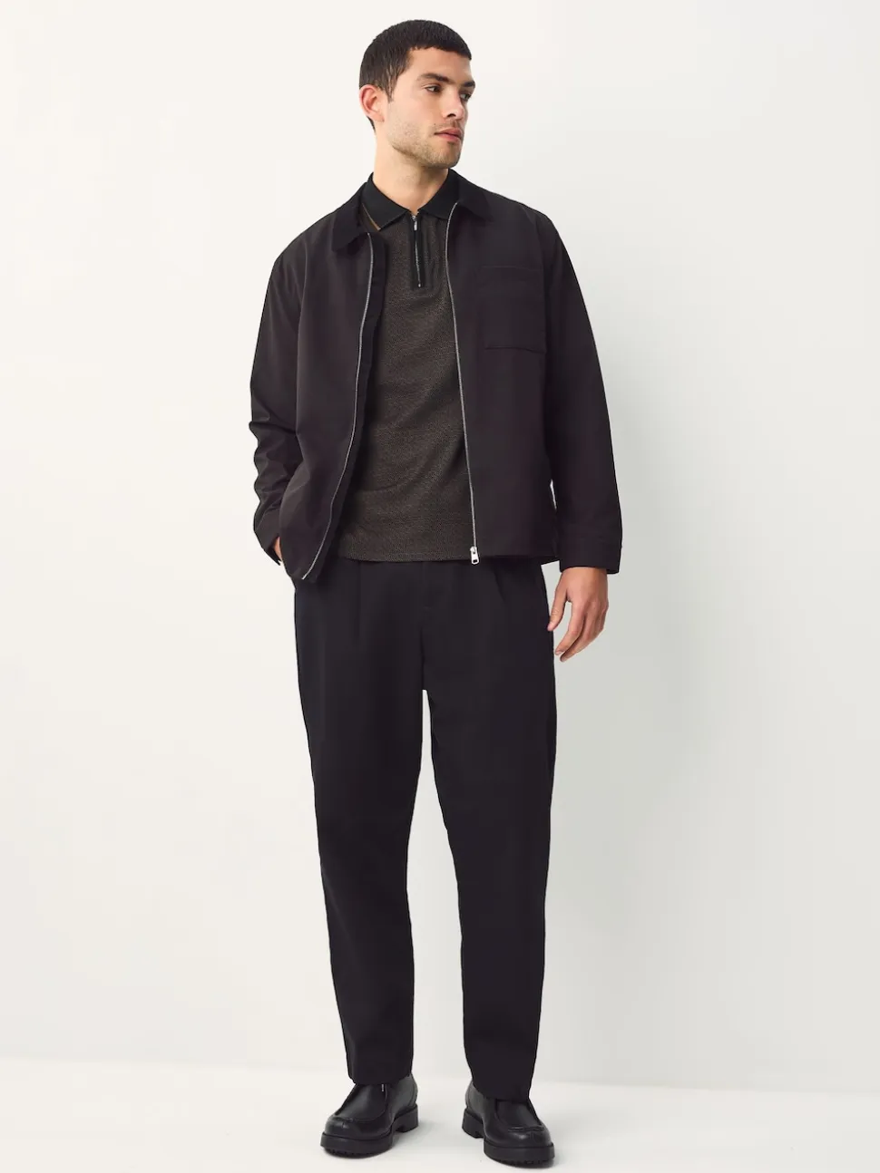 Black Pattern Quarter Zip Polo Shirt