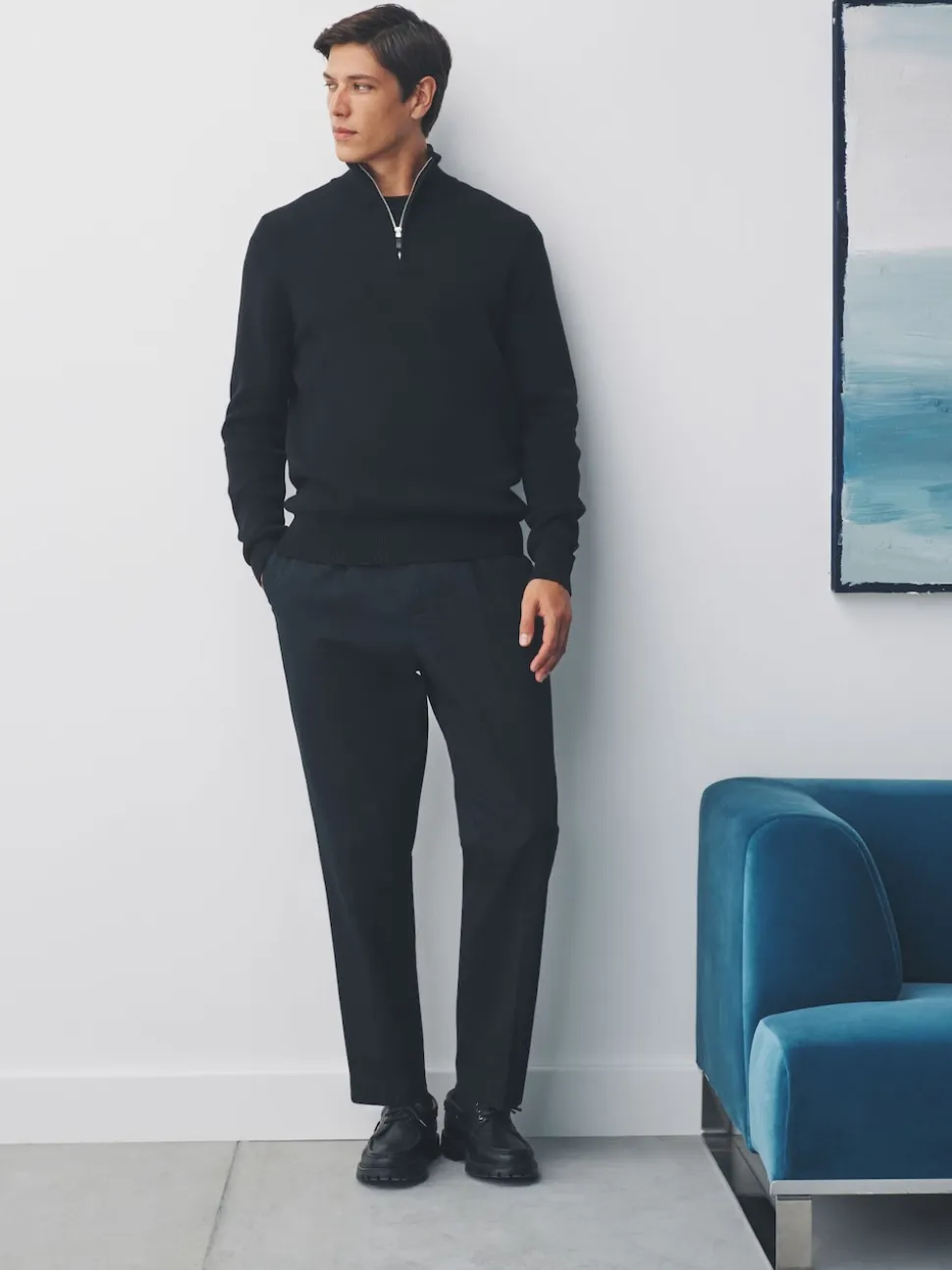 Black Plain N.Premium Regular Fit 100% Cotton Premium Quarter Zip Jumper