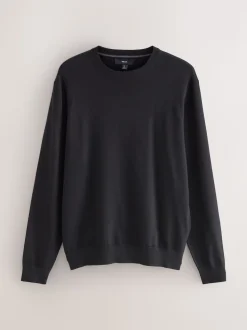 Black Plain Regular Fit Cotton Rich Crew Neck Jumper