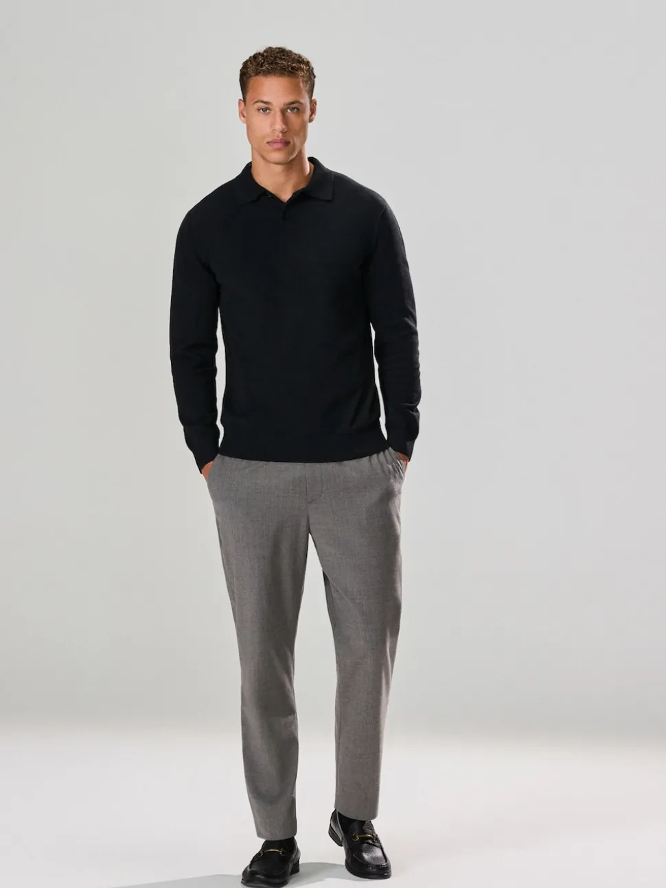 Black Plain Regular Fit Essential Long Sleeve Knitted Polo Shirt