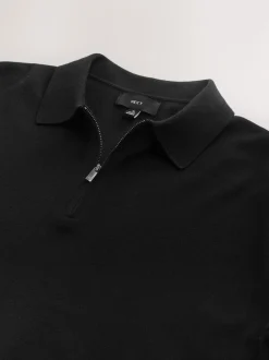 Black Quarter Zip N.Premium Relaxed Fit Mid Weight Short Sleeve Knit Polo Shirt