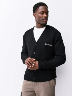Black Regular Fit Embroidered Chest Motif Cardigan