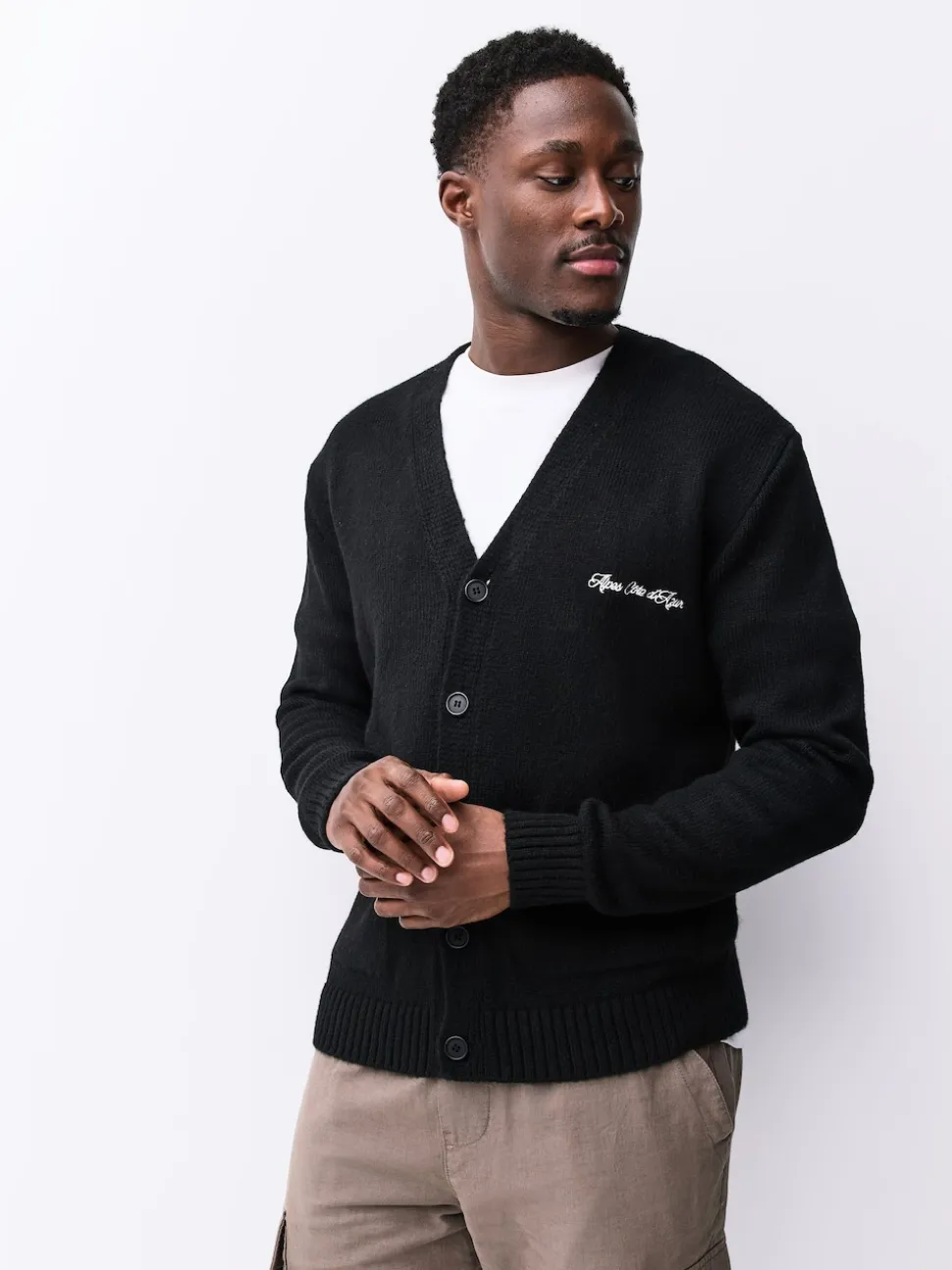 Black Regular Fit Embroidered Chest Motif Cardigan