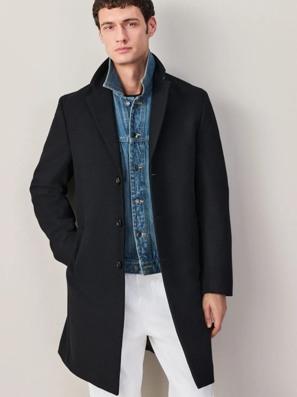 Black Regular Fit Epsom Overcoat with Wool