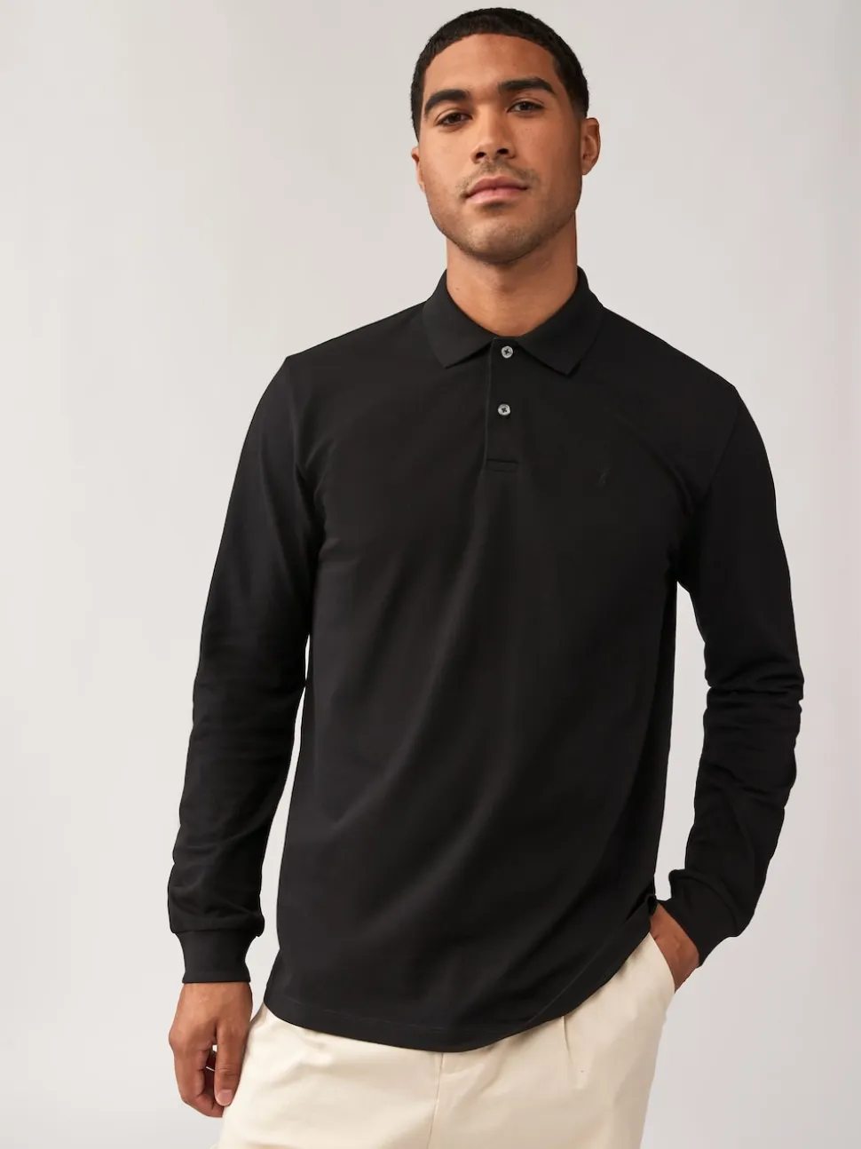 Black Regular Fit Long Sleeve Pique Polo Shirt