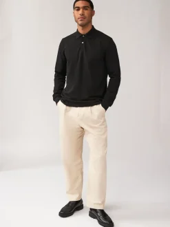 Black Regular Fit Long Sleeve Pique Polo Shirt
