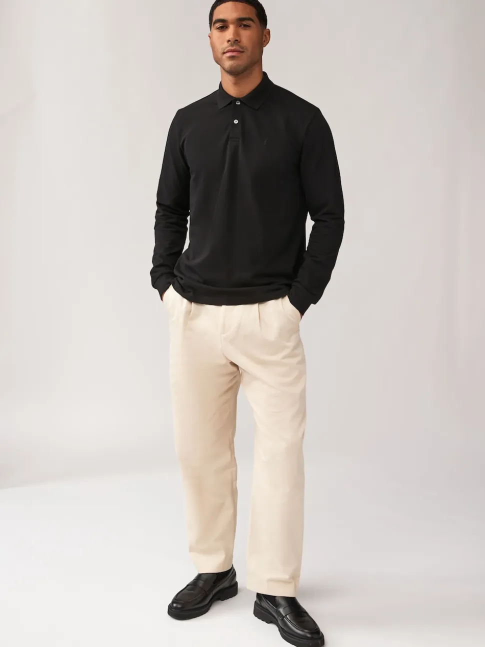 Black Regular Fit Long Sleeve Pique Polo Shirt