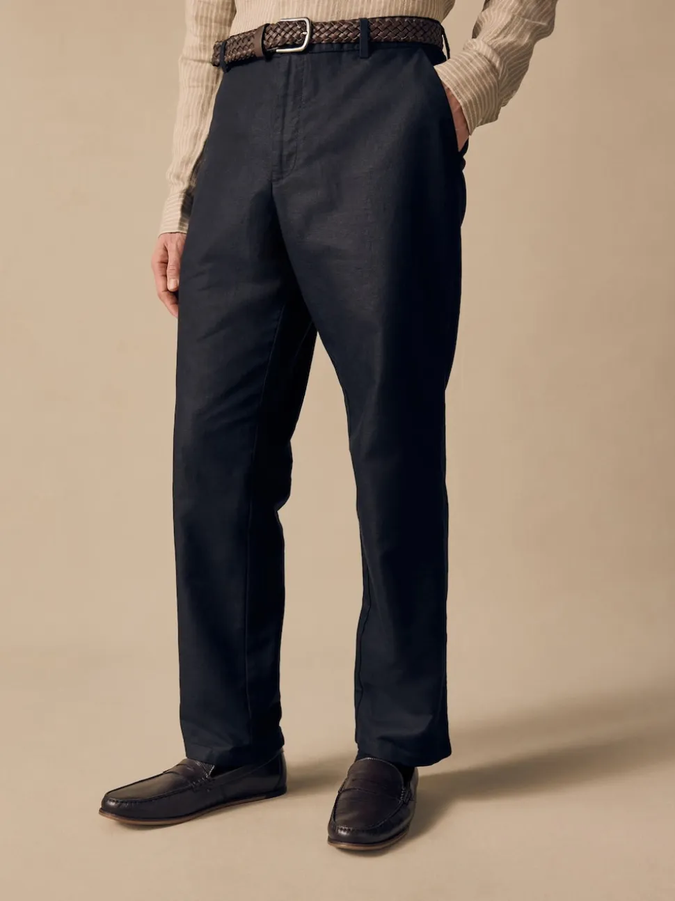 Black Regular Fit Smart Linen Cotton Blend Belted Trousers