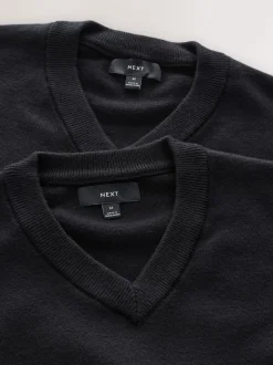Black Regular Fit Soft Touch V-Neck Jumpers 2 Pack
