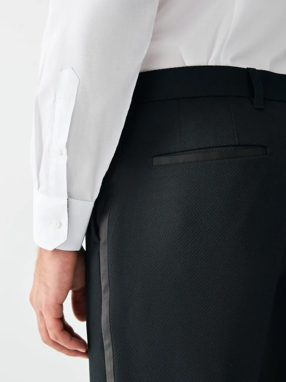 Black Regular Fit Tape Detail Textured Tuxedo Trousers