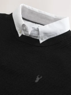 Black Regular Fit Textured Oxford Mock Shirt Jumper