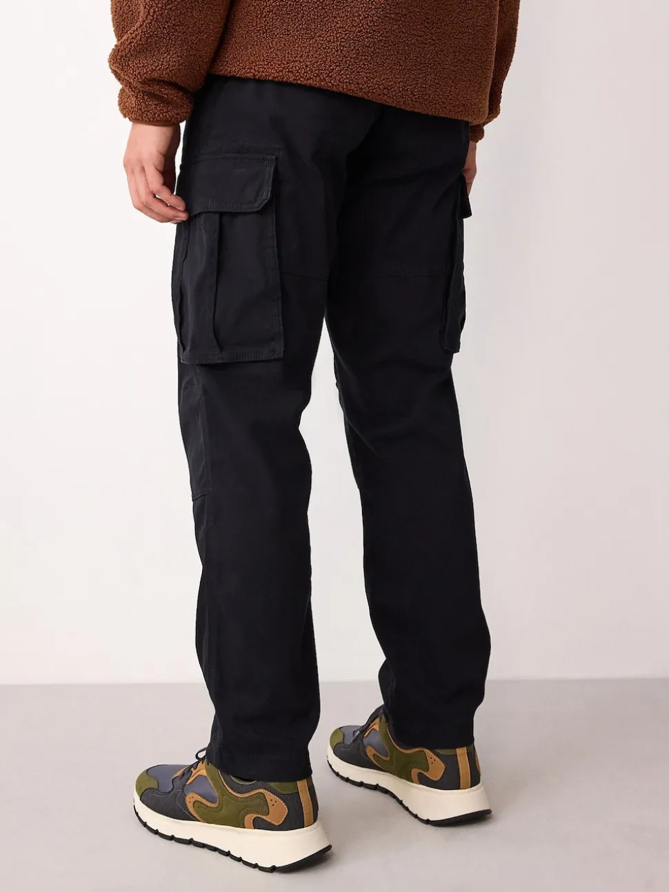 Black Regular Tapered Fit Cotton Stretch Cargo Trousers