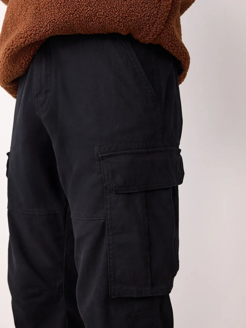 Black Regular Tapered Fit Cotton Stretch Cargo Trousers