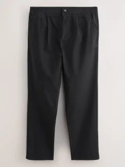 Black Regular Tapered Fit Pleated Stretch Chinos Trousers With Elasticated Waist