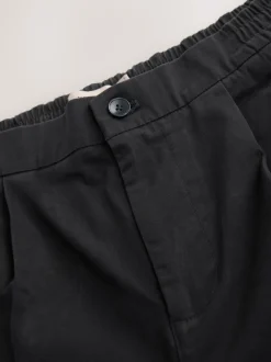 Black Regular Tapered Fit Pleated Stretch Chinos Trousers With Elasticated Waist
