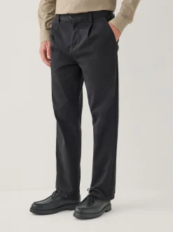 Black Regular Tapered Fit Single Pleated Stretch Chinos Trousers
