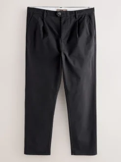 Black Regular Tapered Fit Single Pleated Stretch Chinos Trousers