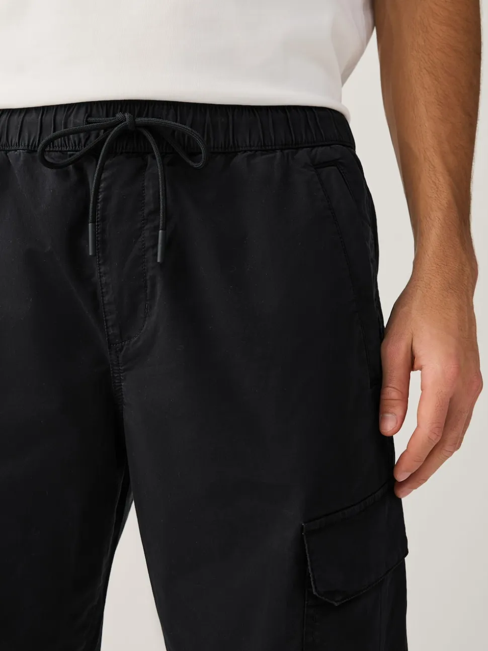 Black Regular Tapered Fit Cotton Stretch Cargo Trousers