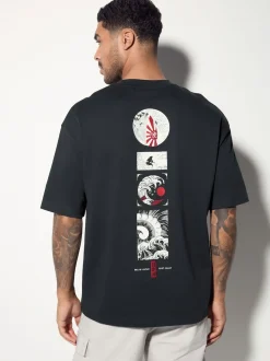 Black Relaxed Fit Japanese Surf Graphic Print T-Shirt