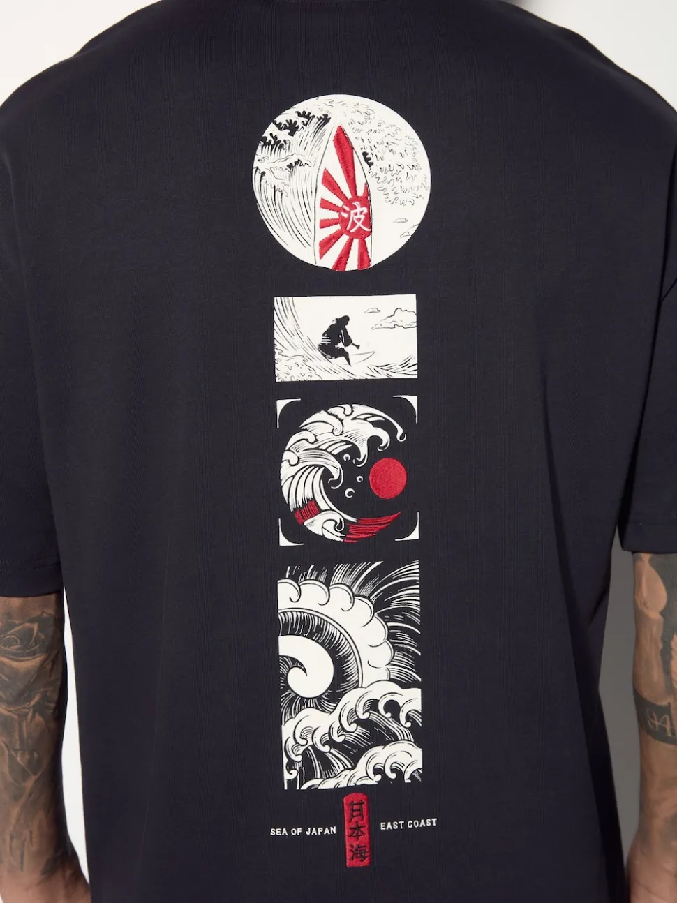 Black Relaxed Fit Japanese Surf Graphic Print T-Shirt