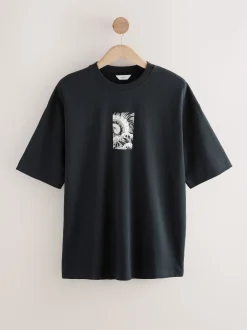 Black Relaxed Fit Japanese Surf Graphic Print T-Shirt