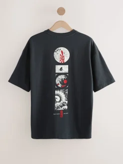Black Relaxed Fit Japanese Surf Graphic Print T-Shirt