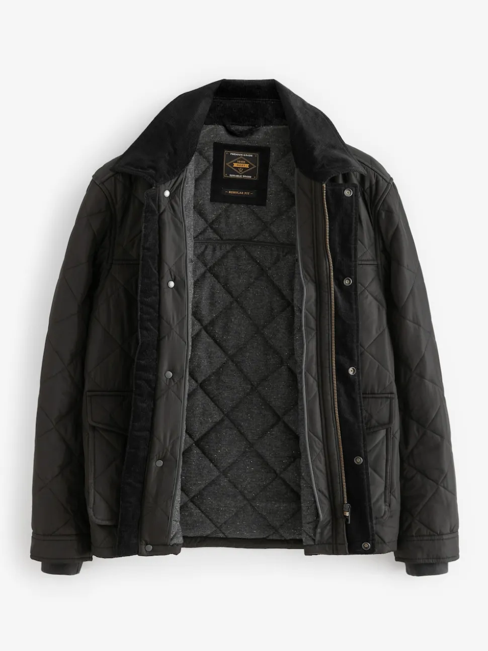 Black Shower Resistant Diamond Quilt Corduroy Collared Jacket