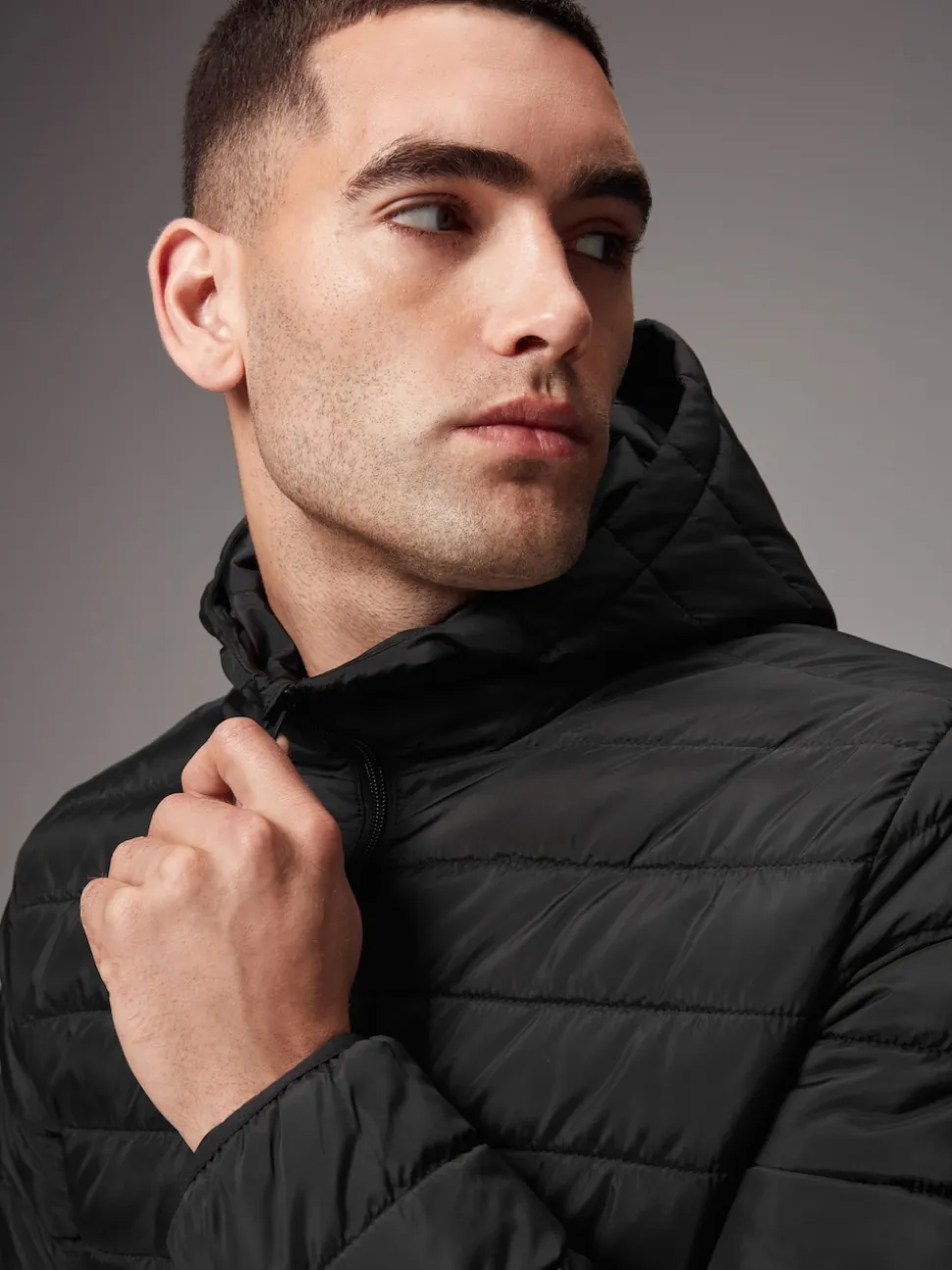 Black Shower Resistant Lightweight Hooded Puffer Coat Jacket