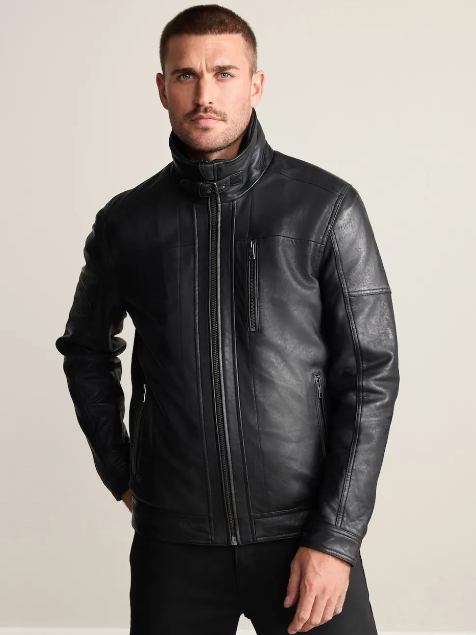 Black Signature Four Pocket Borg Lined Leather Jacket