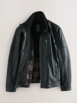 Black Signature Four Pocket Borg Lined Leather Jacket