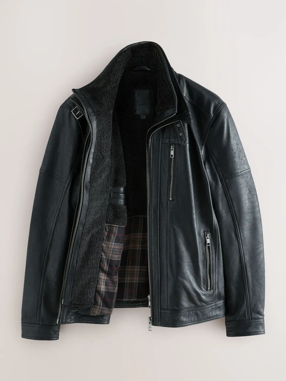 Black Signature Four Pocket Borg Lined Leather Jacket