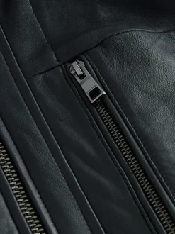 Black Signature Four Pocket Borg Lined Leather Jacket